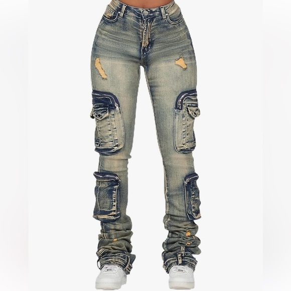 Women's Straight Leg Cargo  super stacked Jeans - Distressed Blue - Picture 1 of 6